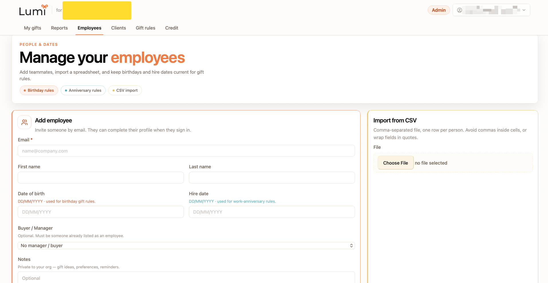 Manage your employees page with Add employee and Import from CSV cards