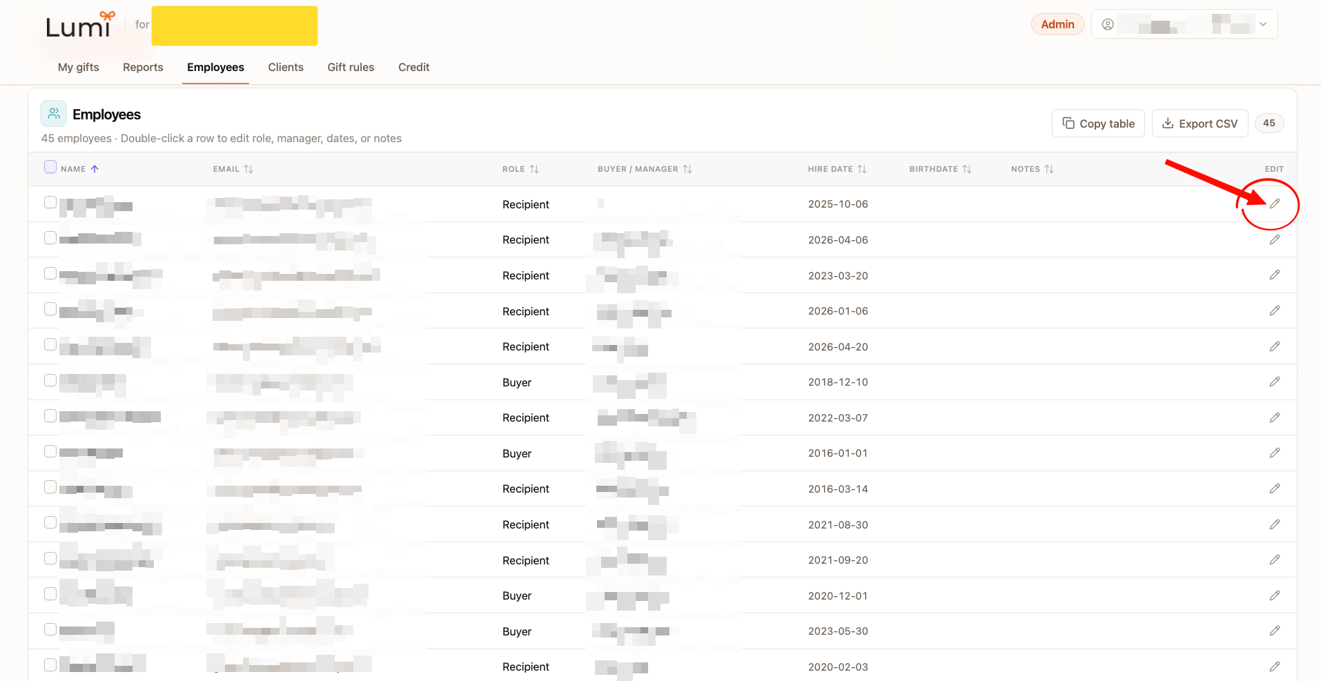 Employees table with edit control highlighted on a roster row