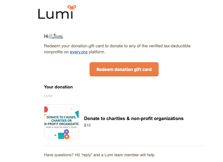 Lumi email with Redeem donation gift card button and donation amount for every.org