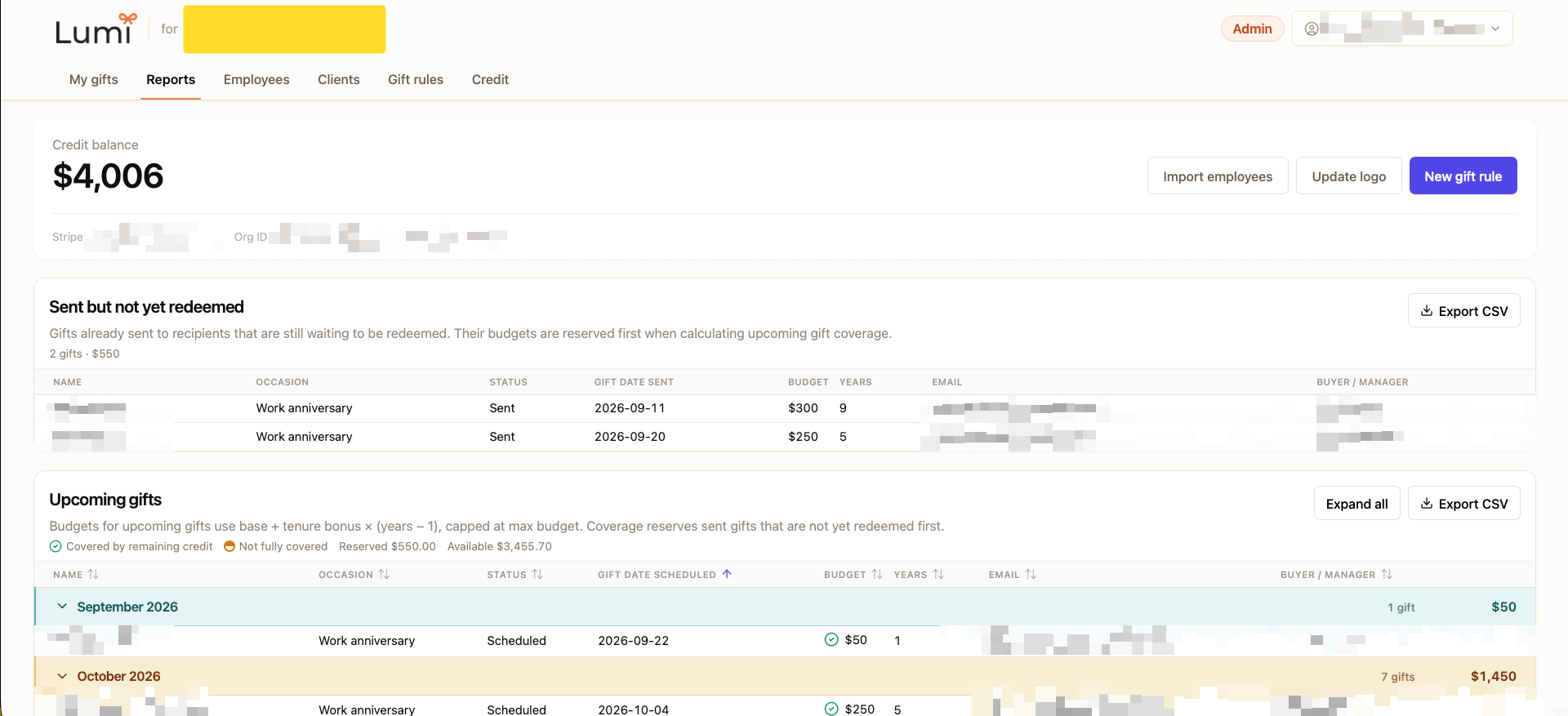 Lumi Reports tab showing organization credit balance and gift tables