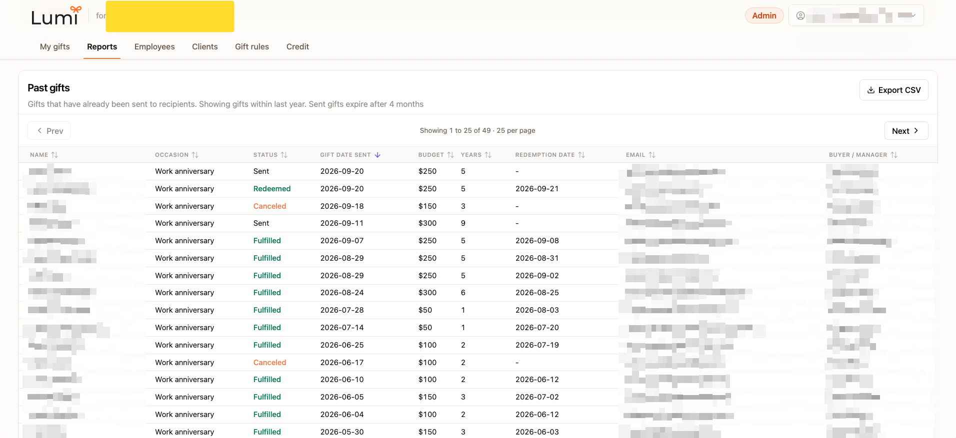 Past gifts table on Lumi Reports with status and redemption date columns