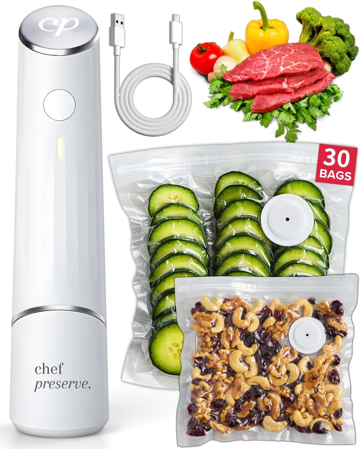 Chef Preserve handheld vacuum sealer with reusable vacuum bags