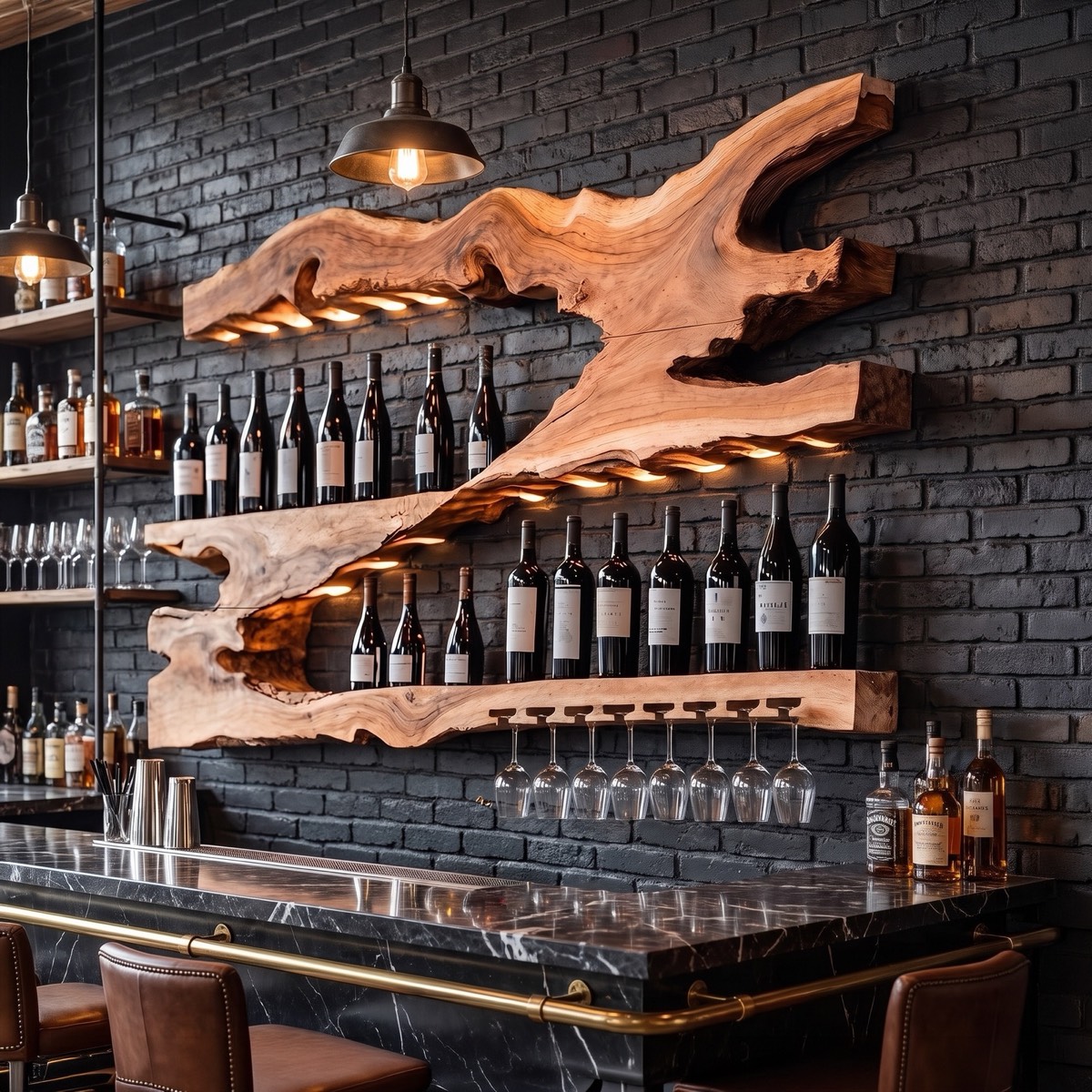Handcrafted mid-century Monkeypod wood wall-mounted wine holder shelf for the kitchen