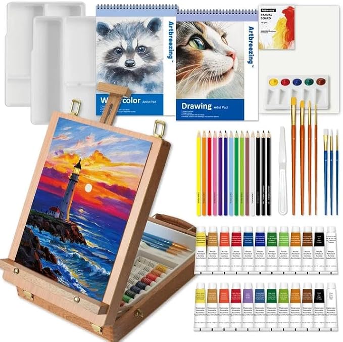 55-piece mixed media art set with wooden tabletop easel, paints, pencils, and sketch pads