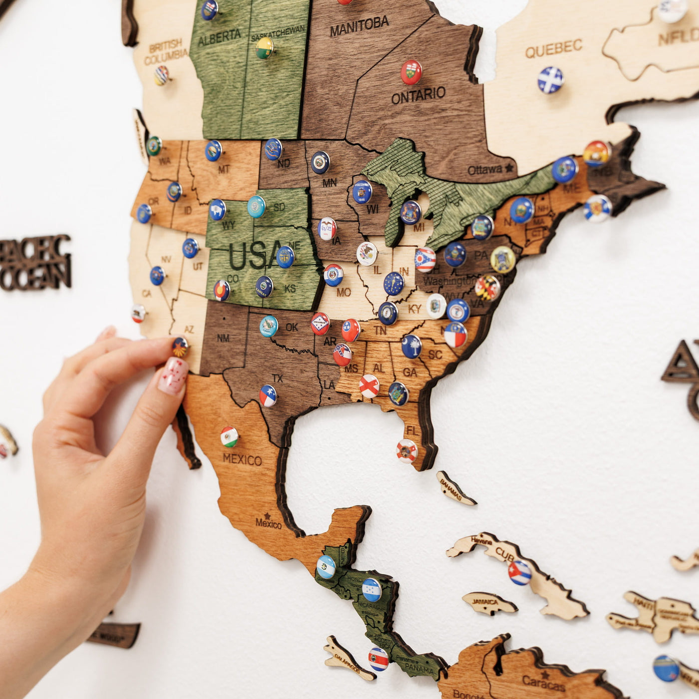 Close-up of the pinnable 3D wooden world map Nature showing North America with flag pins
