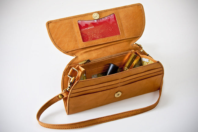 Open view of the Rogue Industries RFID blocking ostrich print clutch showing card slots